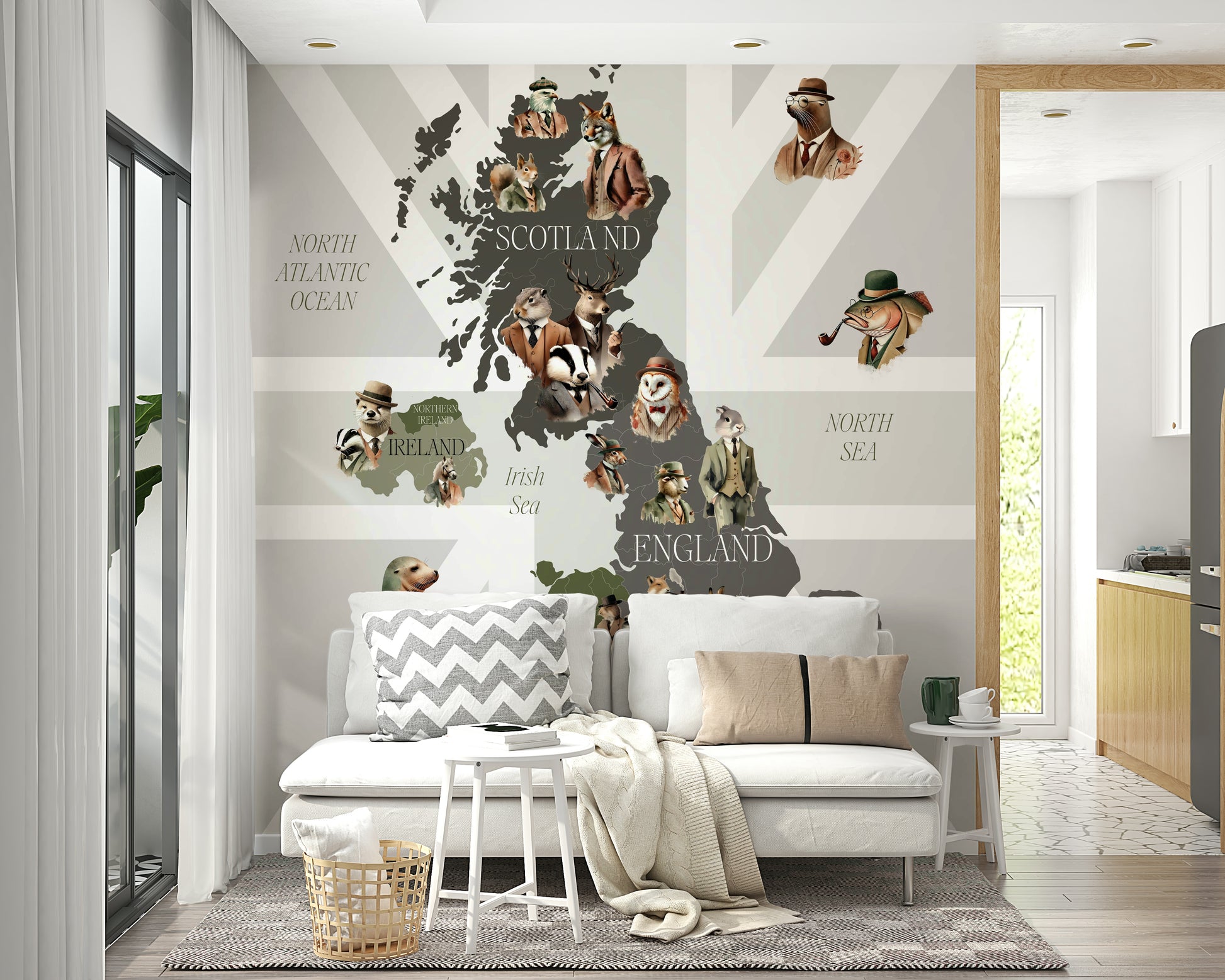 Dapper Creatures of Britain wallpaper mural behind a white sofa with a gray chevron pillow in a living room