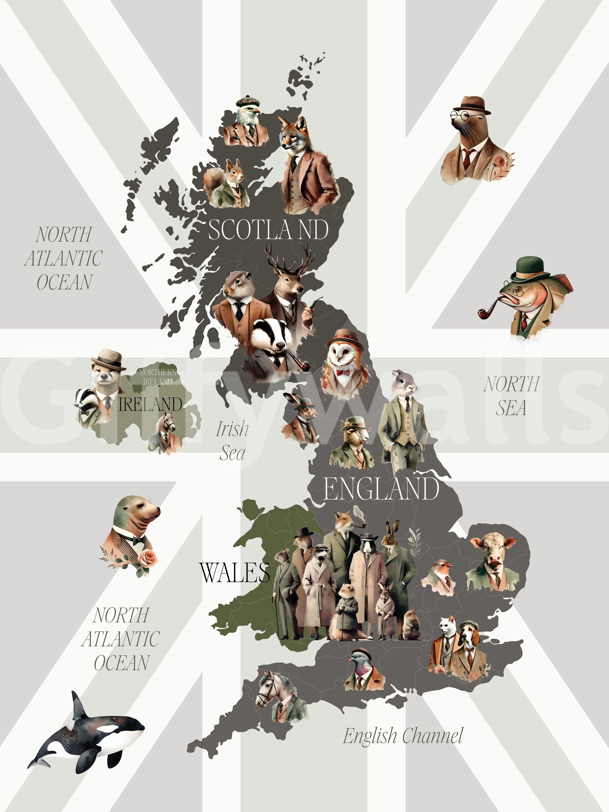 Dapper Creatures of Britain wallpaper mural close-up of suited animals on a UK map over a faded Union Jack