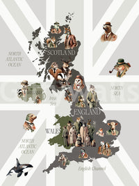 Dapper Creatures of Britain wallpaper mural close-up of suited animals on a UK map over a faded Union Jack