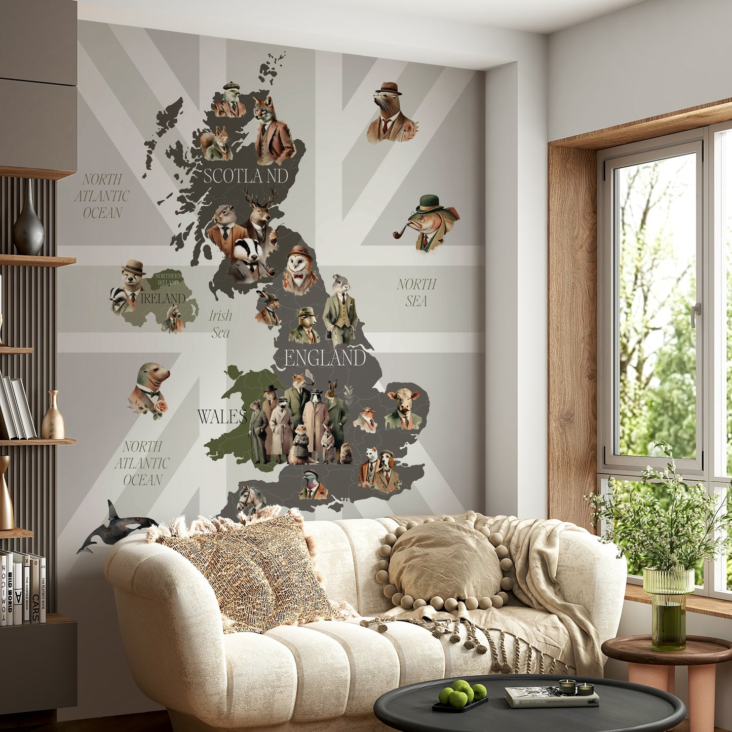 Dapper Creatures of Britain wallpaper mural of a UK animal map above a cream sofa with pompom pillows