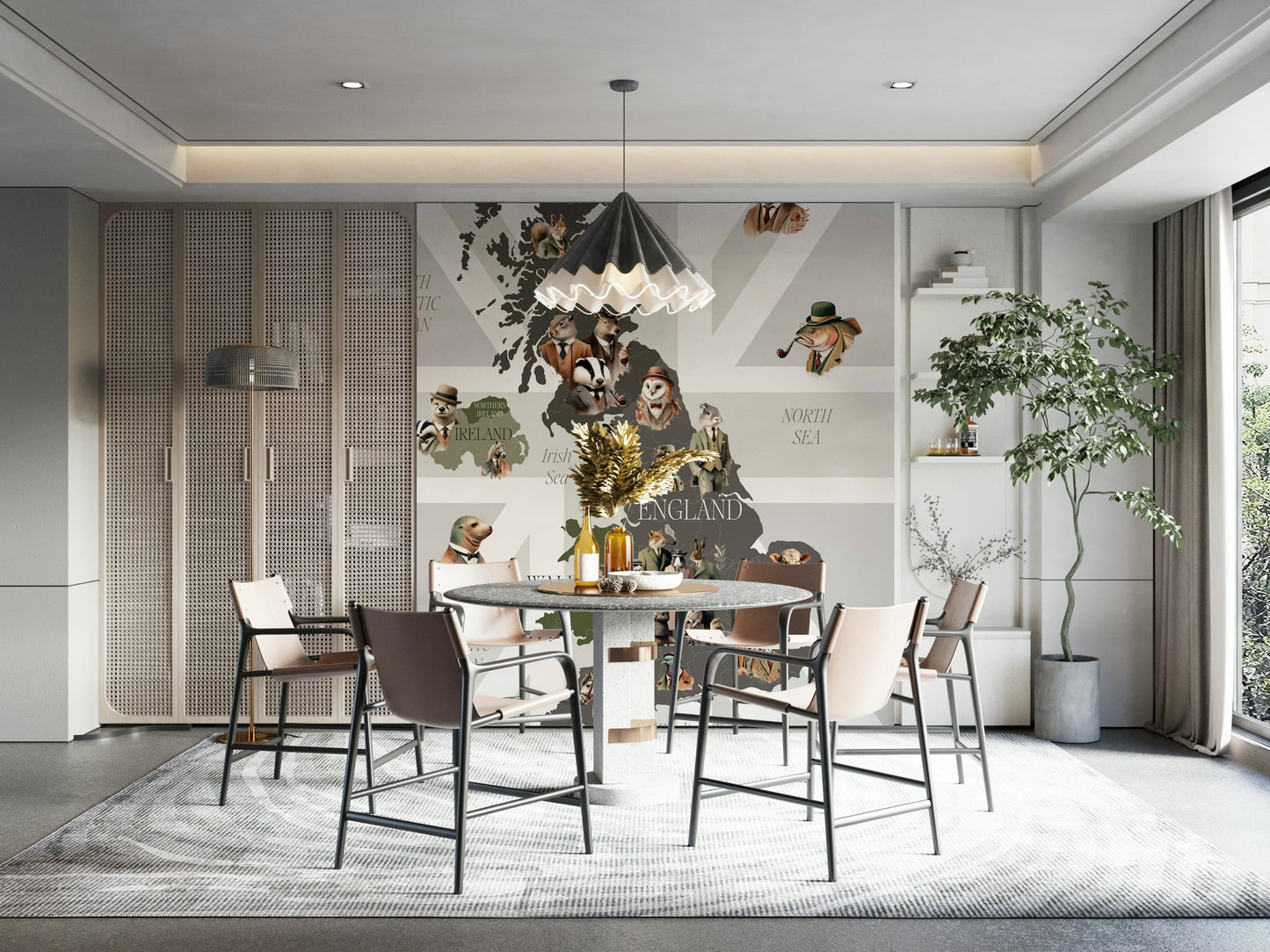 Dapper Creatures of Britain wallpaper mural in a dining room with a round table and tan chairs