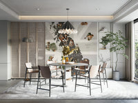 Dapper Creatures of Britain wallpaper mural in a dining room with a round table and tan chairs