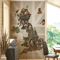 Dapper Creatures of Britain wallpaper mural in a home office with a gray desk and chair by a window