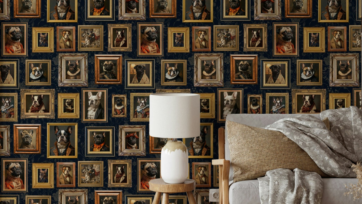 Wallpaper with dogs in stylish, dapper clothing.

