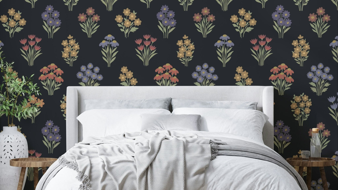 Dark Academia Folk Floral Bouquet Wallpaper on a wall.

