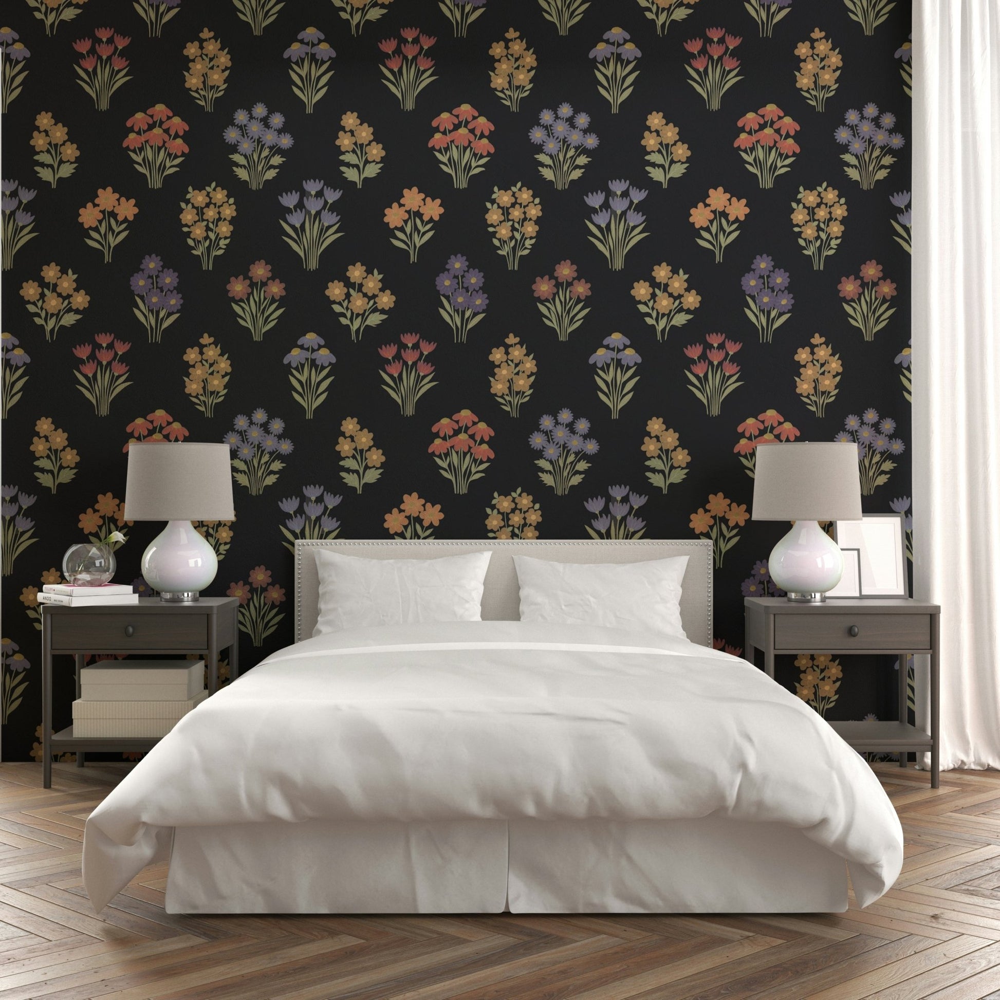 Moody botanical wallpaper with folk art details.

