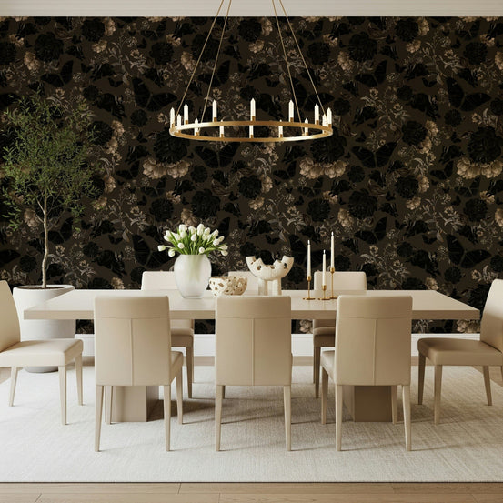 Dark Academia Garden Wall Mural – Gothic-inspired garden with deep green and muted tones, evoking scholarly sophistication.