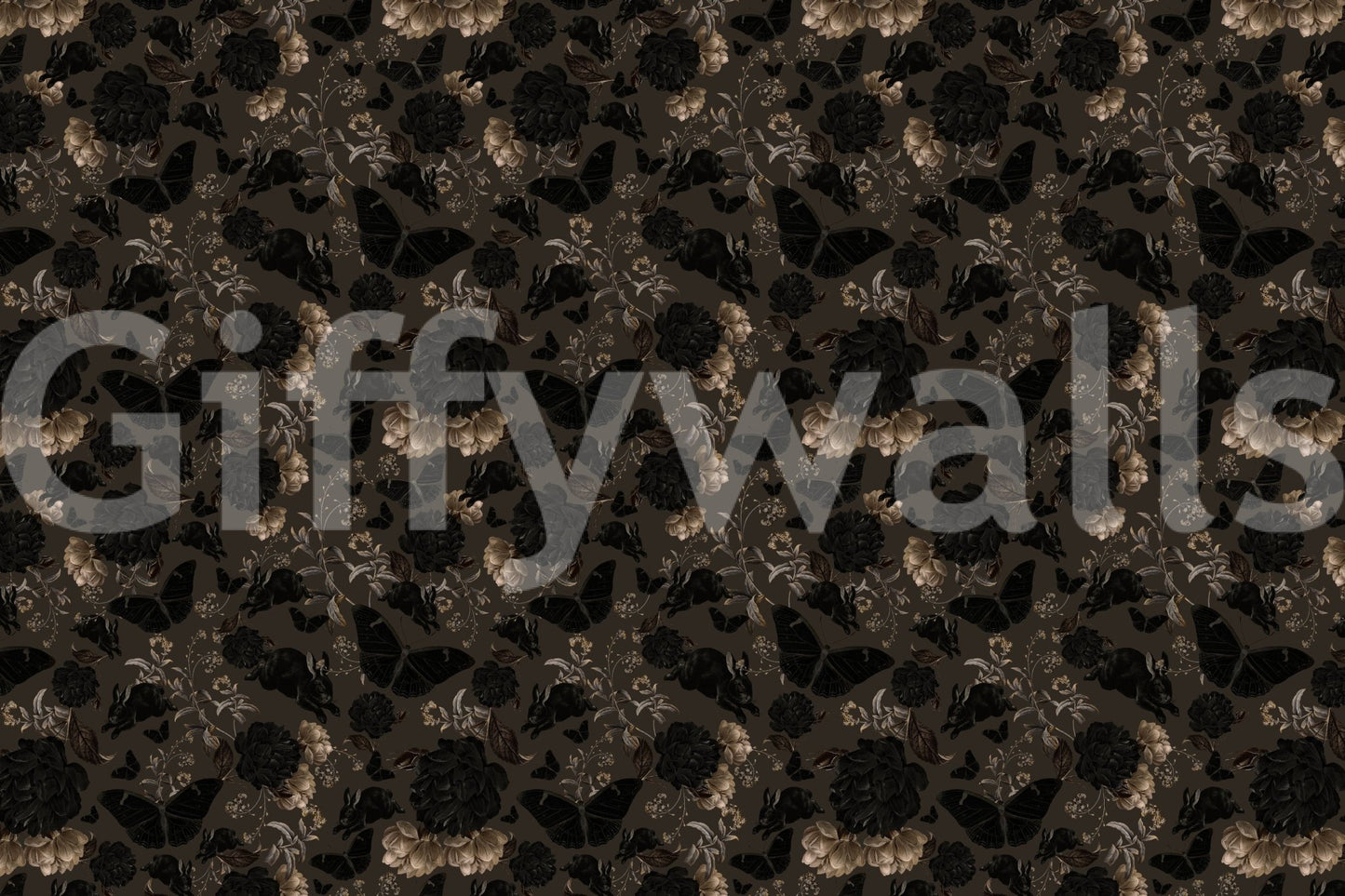 Dark Academia Nocturnal Garden wallpaper mural as a full-wall design of black and tan roses with butterflies on deep brown