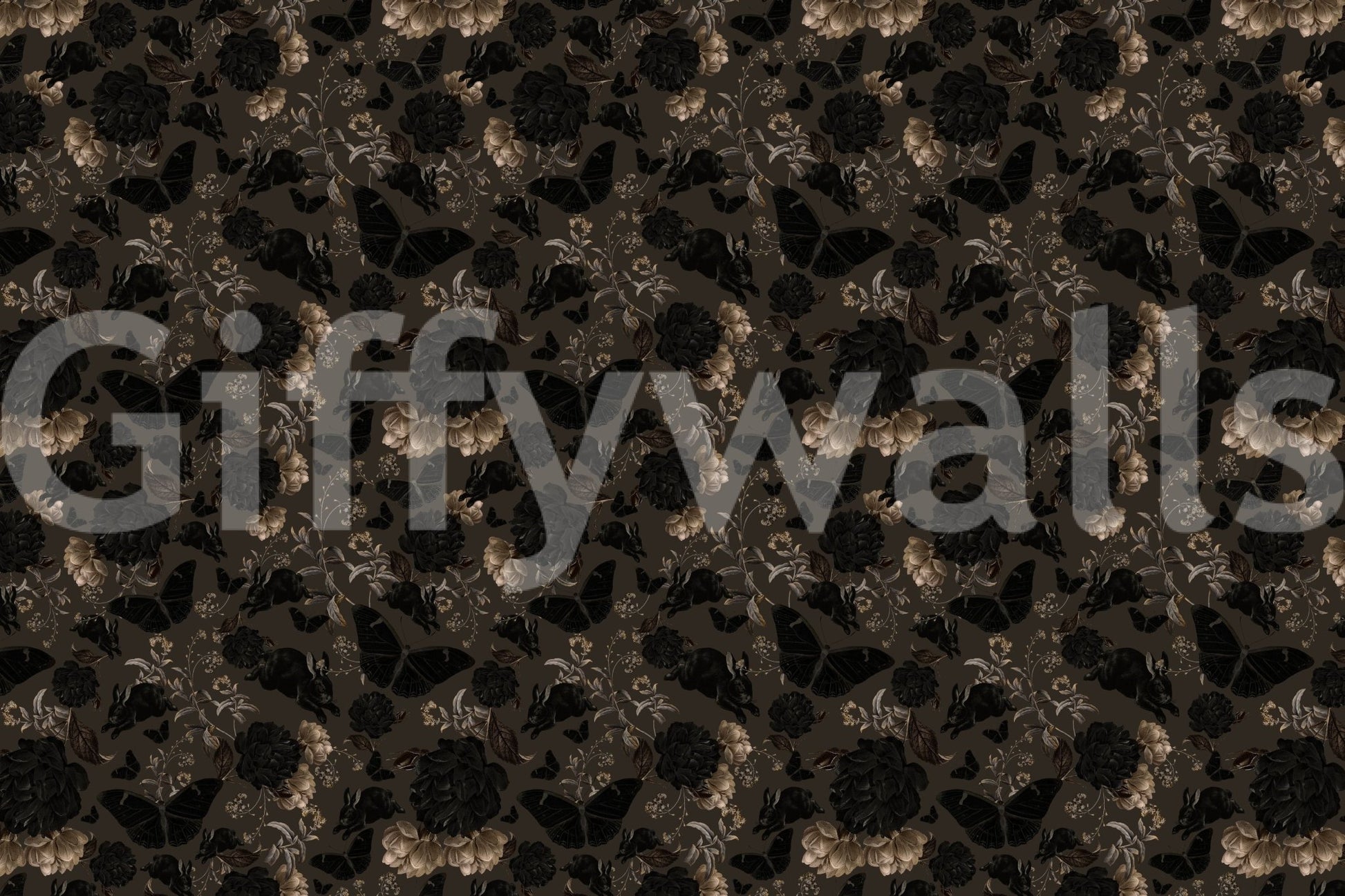 Dark Academia Nocturnal Garden wallpaper mural as a full-wall design of black and tan roses with butterflies on deep brown