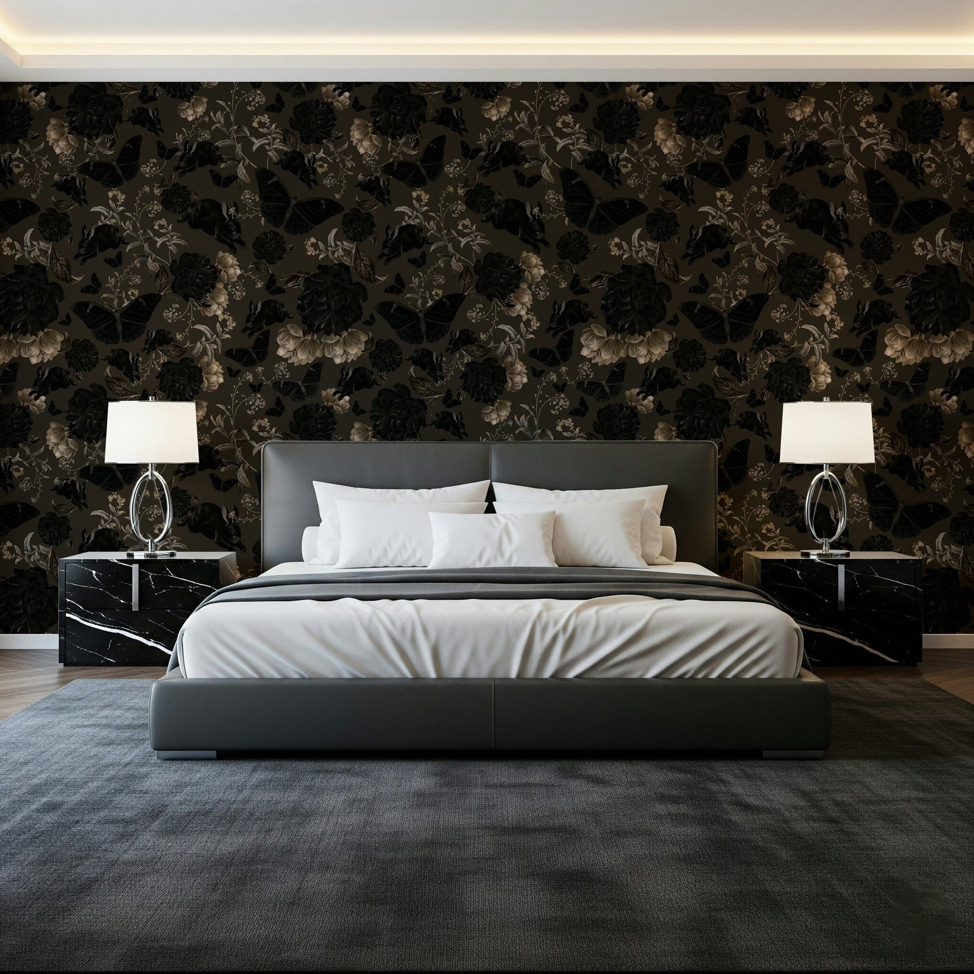 Twilight Garden Dark Academia Mural – Mysterious garden scene with intricate foliage and shadowed floral elements.