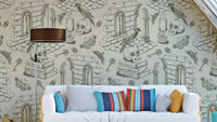 Olive green wall mural with toile de Jouy pattern

