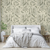 French-inspired mural with scenes in sketch-style ink

