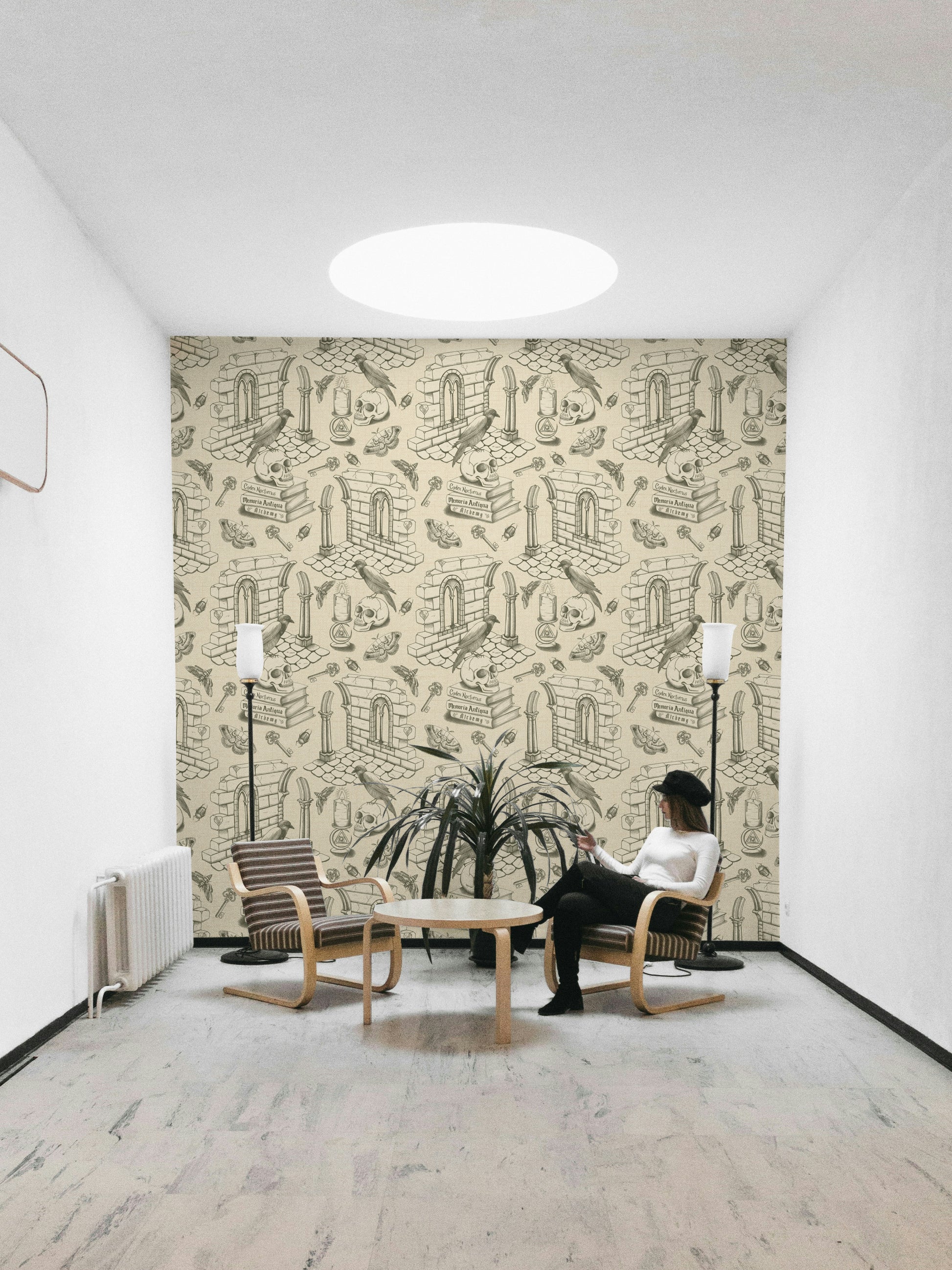 Antique toile de Jouy pattern in deep green wallpaper

