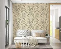 Wall mural in olive green with soft vintage artwork

