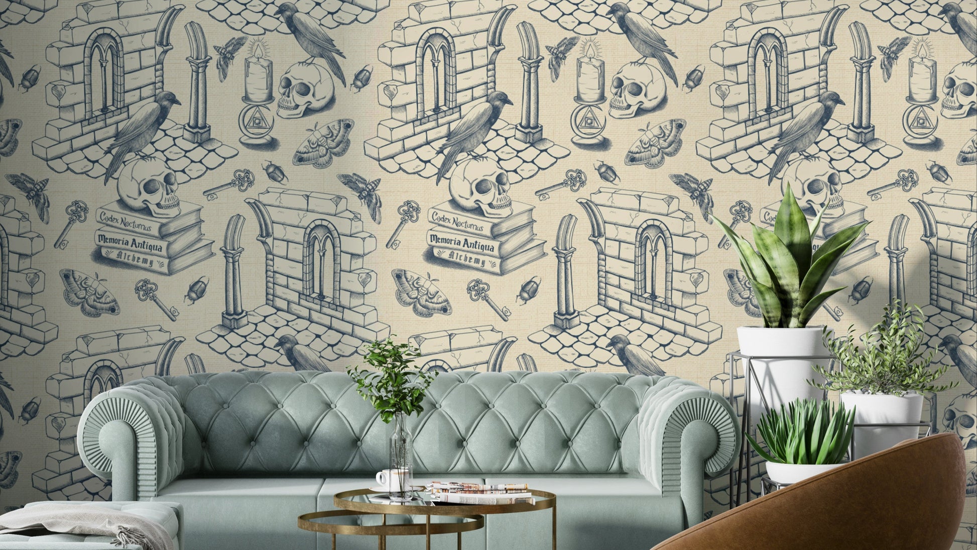 Mural wallpaper featuring French toile on deep blue

