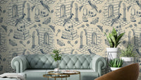 Mural wallpaper featuring French toile on deep blue


