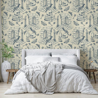 Vintage toile wallpaper for walls in calm blue tones

