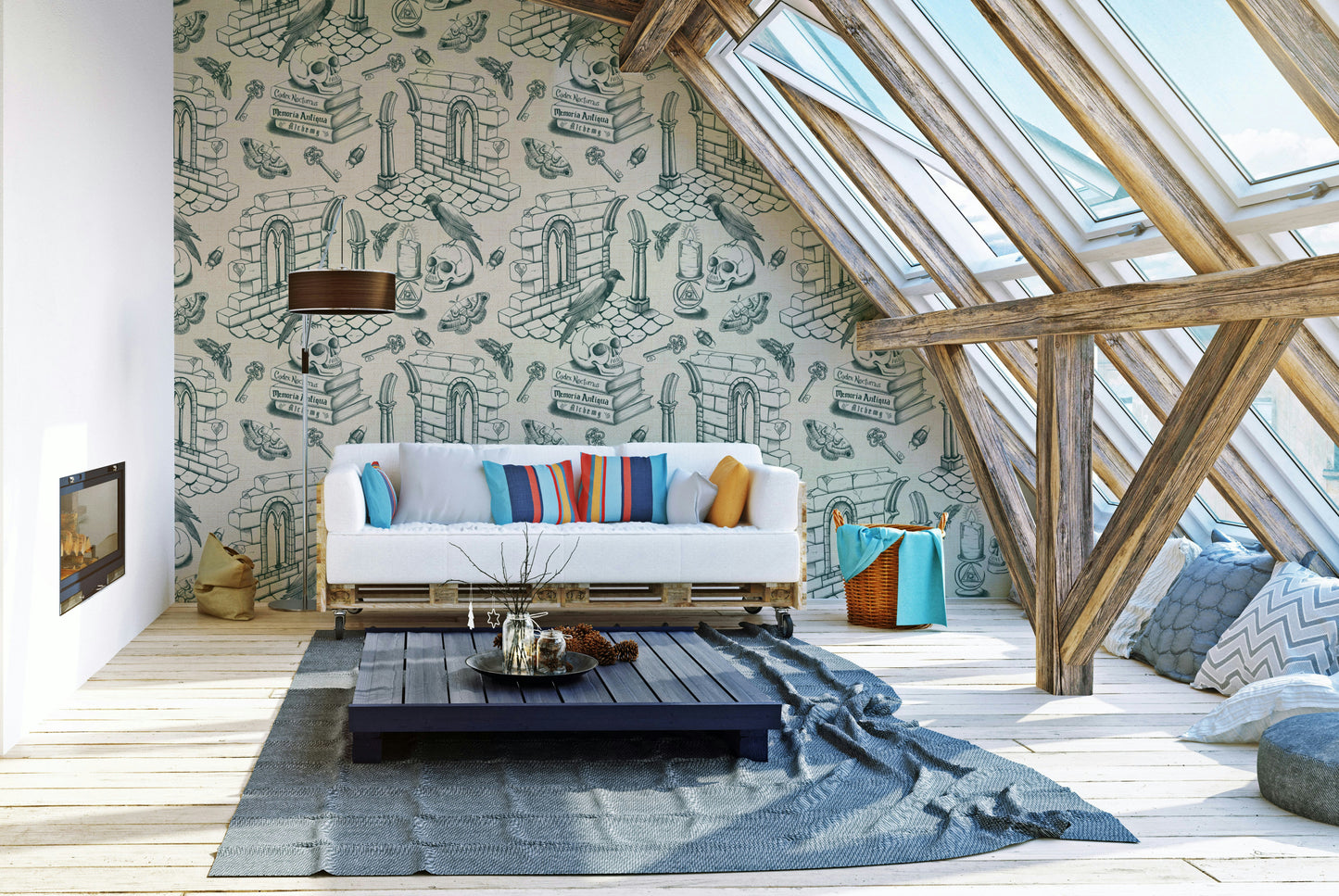 Ivy wallpaper with historic toile de Jouy artwork

