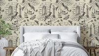 Elegant black mural with antique line drawings

