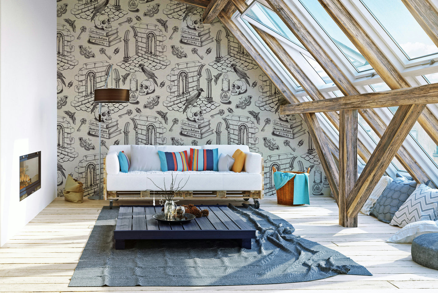 Mural wallpaper showing toile figures on black background

