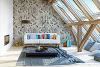 Mural wallpaper showing toile figures on black background

