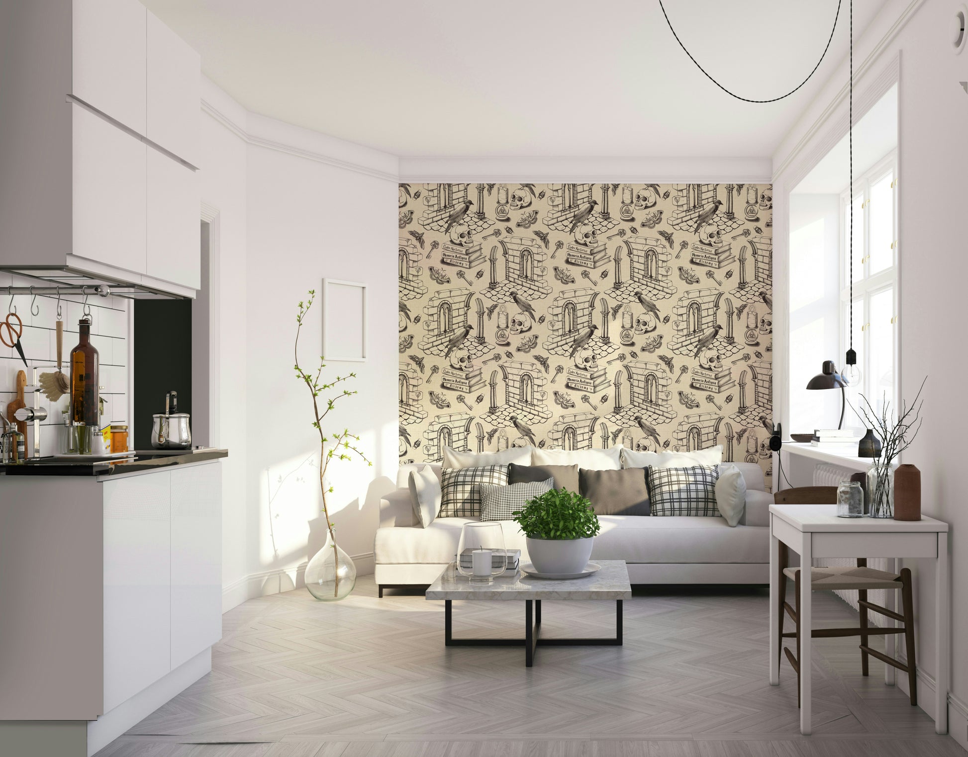 Dark Academia wallpaper with toile scenes in black and white

