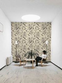 Black and white toile wallpaper in mural format

