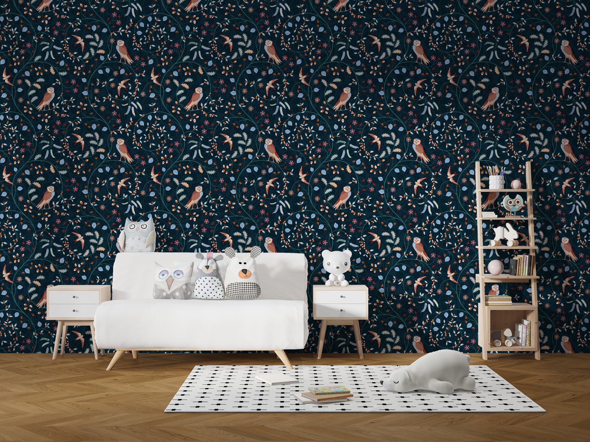 Decorative bird and floral-themed wallpaper
