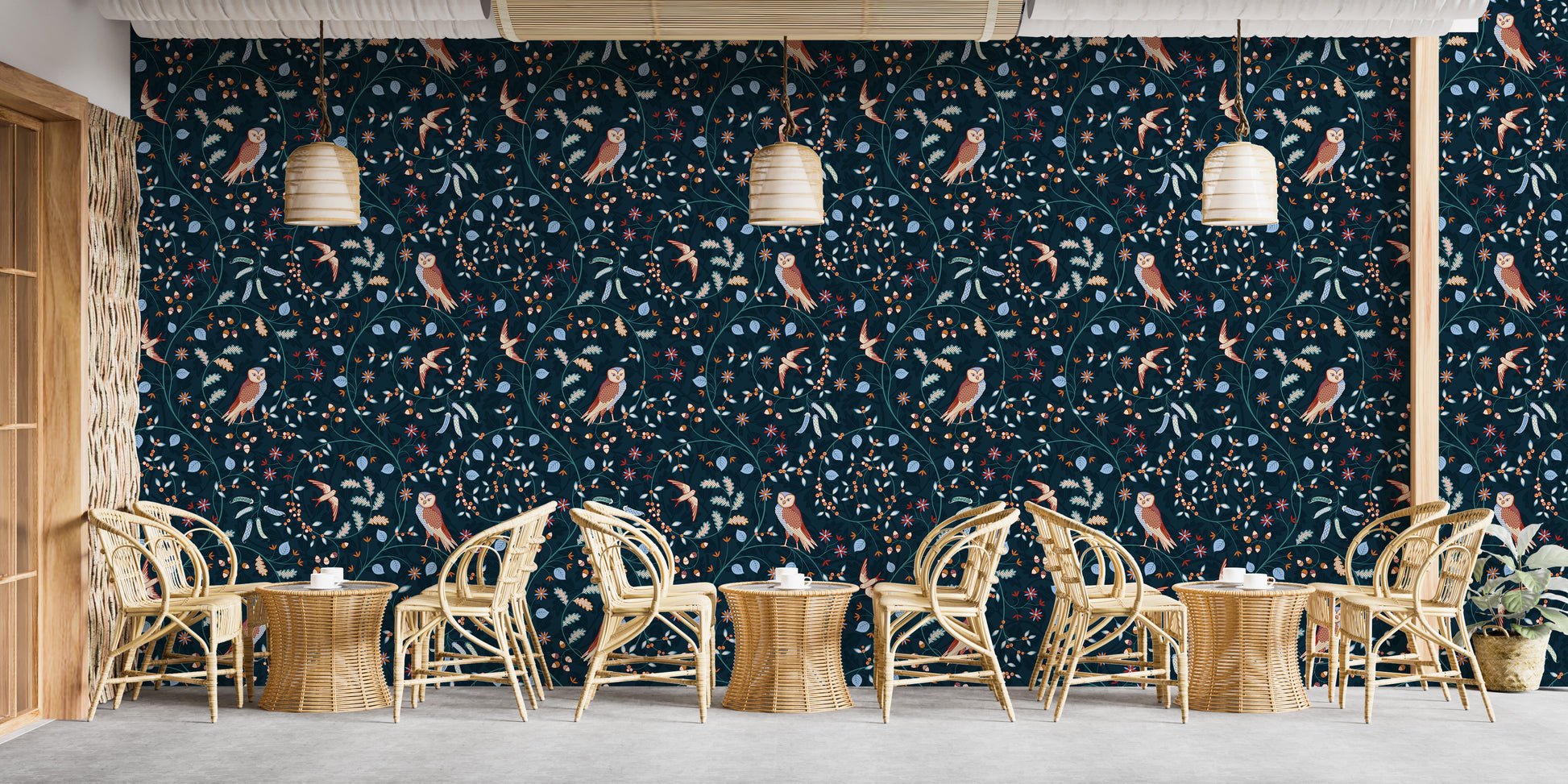 Birds and flowers dark blue design mural
