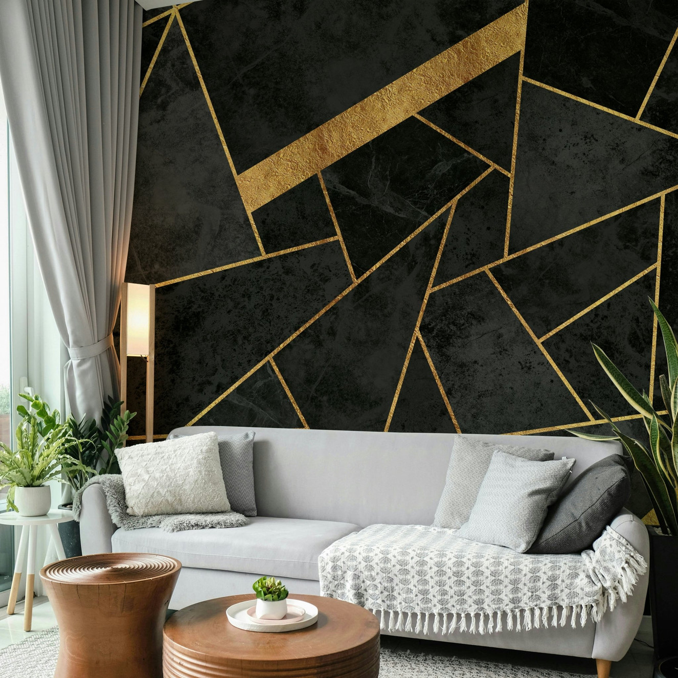 Statement mosaic wallpaper in charcoal and soft gold

