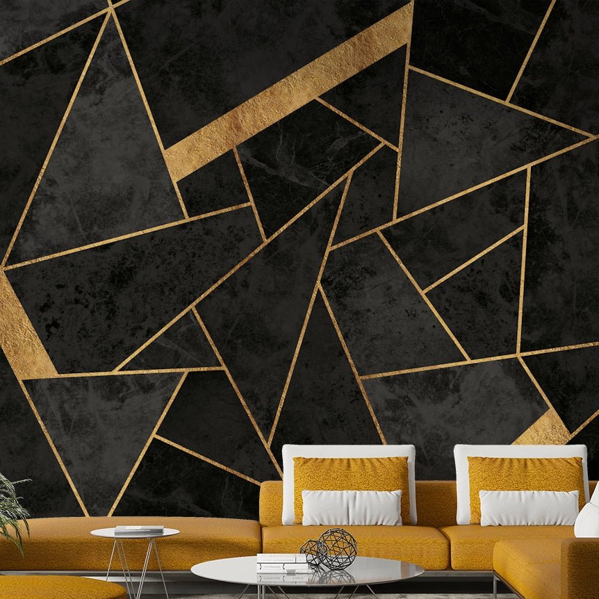 Close-up of geometric gold mosaic wallpaper design

