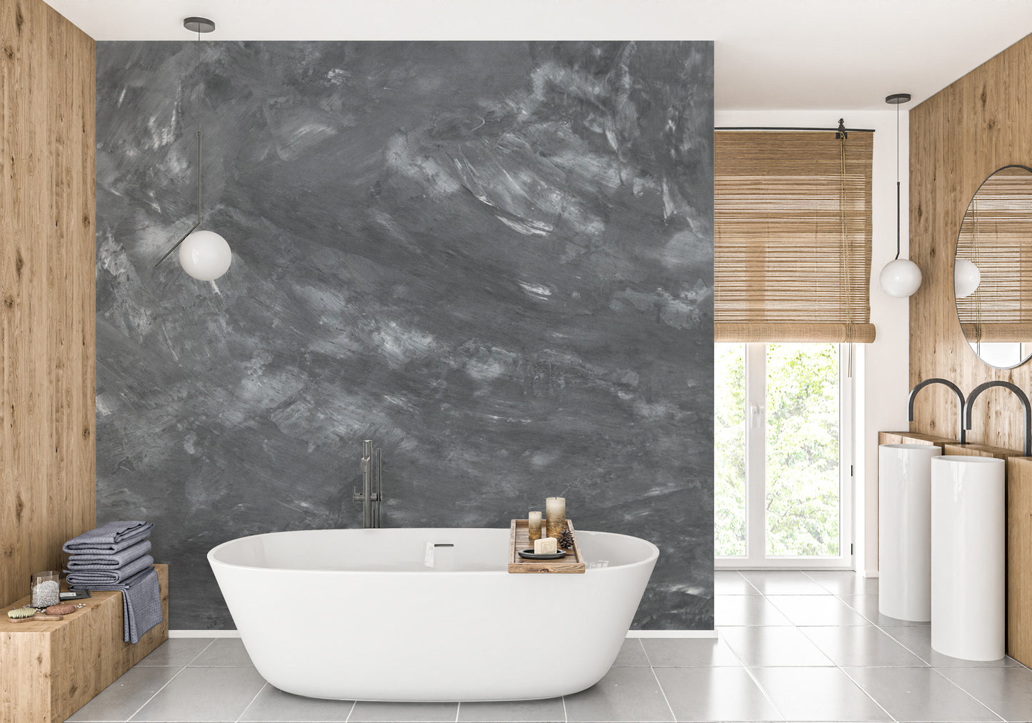 Dark Concrete wallpaper mural styled along a hallway feature wall near a console in black tones