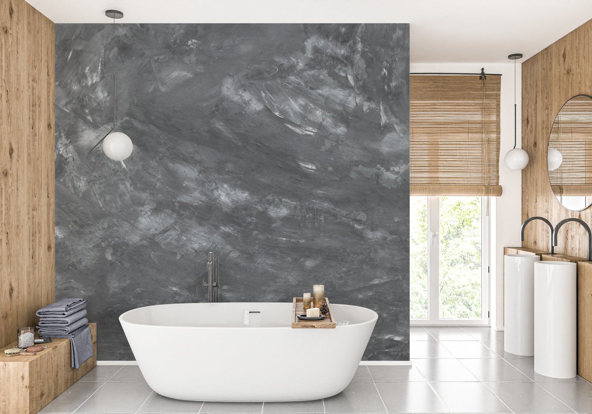 Dark Concrete wallpaper mural styled along a hallway feature wall near a console in black tones