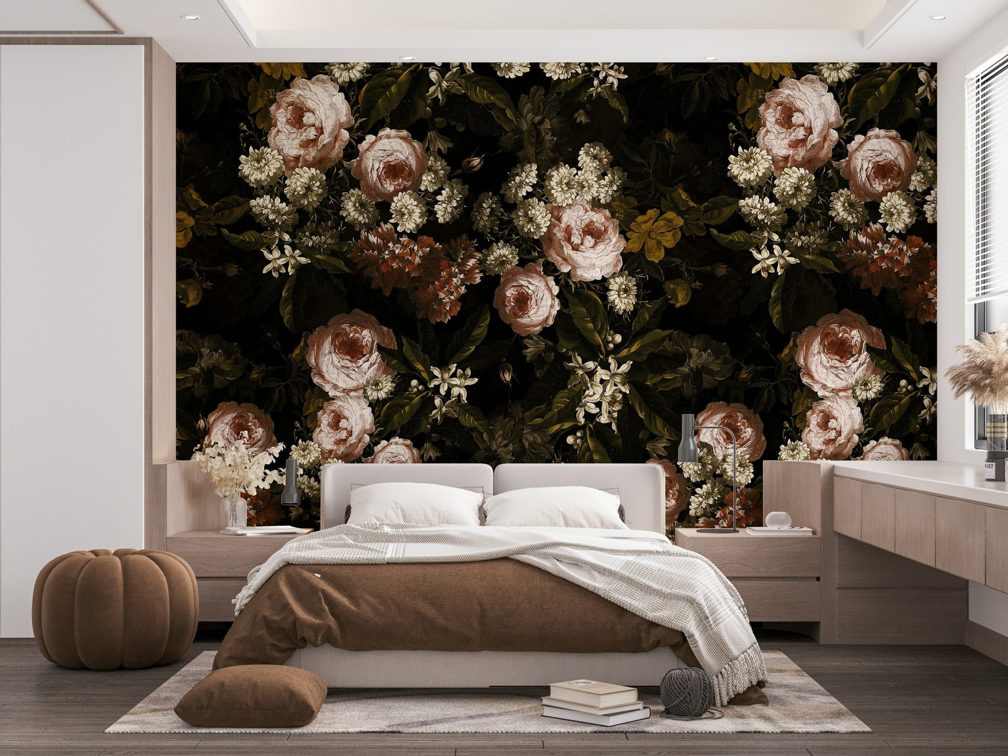 An interior view showing a wall decorated with a Midnight Baroque Bloom Wall Mural.