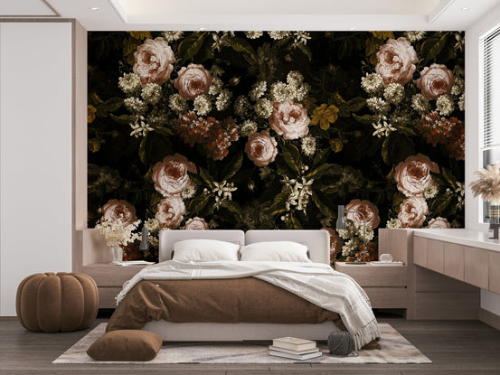 An interior view showing a wall decorated with a Midnight Baroque Bloom Wall Mural.