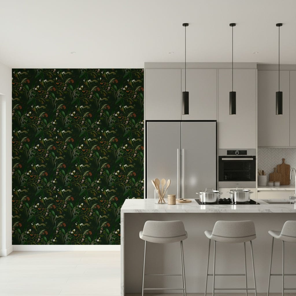Dark floral wallpaper evoking a serene, moonlit garden atmosphere.