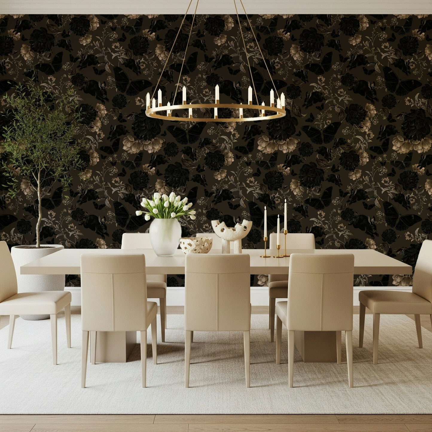 Dark Academia Garden Wall Mural – Gothic-inspired garden with deep green and muted tones, evoking scholarly sophistication.