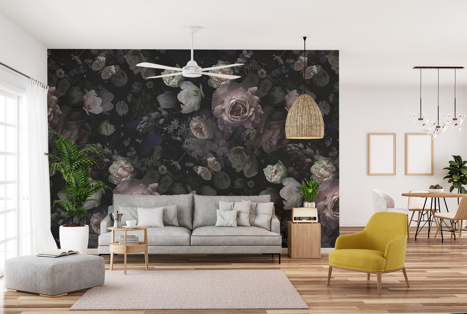 Pink Roses and Dark Wild Flowers Wallpaper Mural - Giffywalls