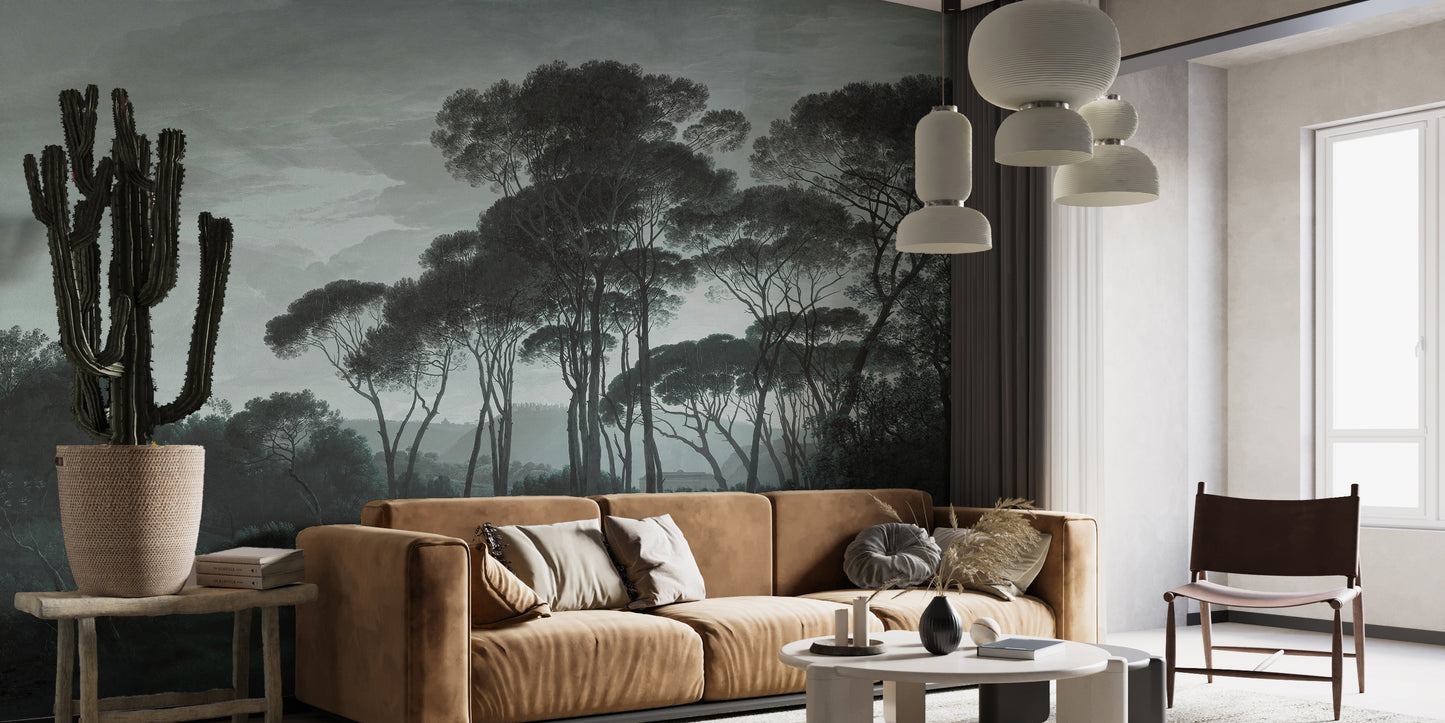 Dark Green Misty Forest Tree wallpaper mural styled along a hallway feature wall near a console in green tones