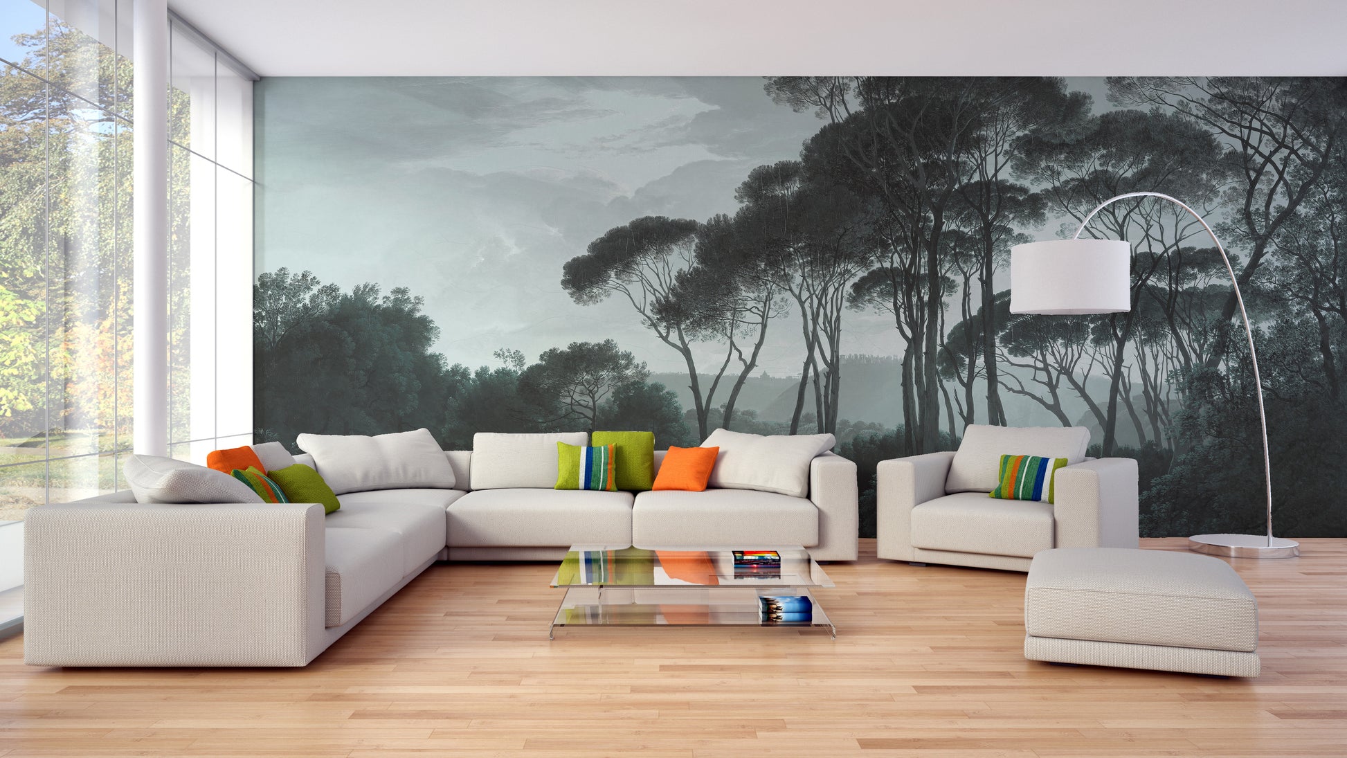 Dark Green Misty Forest Tree wallpaper mural as a feature wall in a home office workspace in green tones