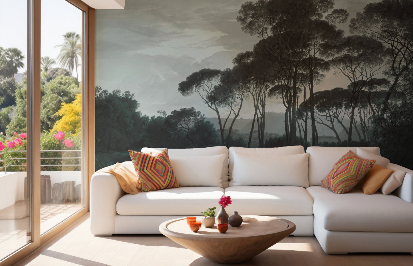 Dark Green Misty Forest Tree wallpaper mural as a bedroom feature wall behind the headboard in green tones