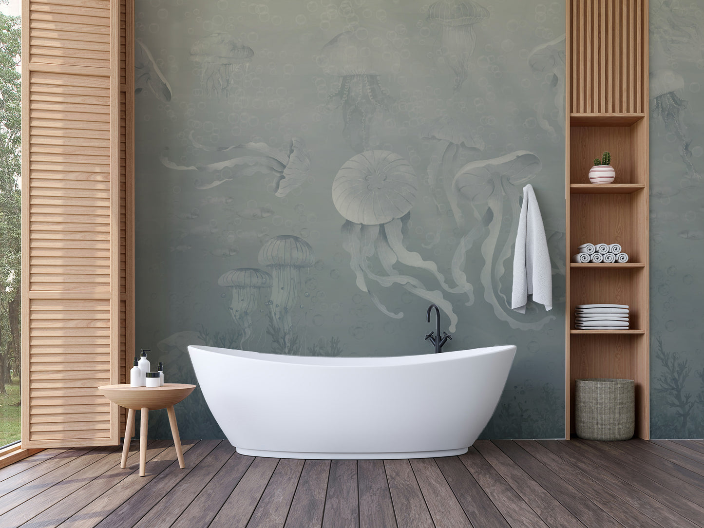 Dark Jellyfish Deep Sea wall mural behind a white freestanding bathtub with wooden slat walls