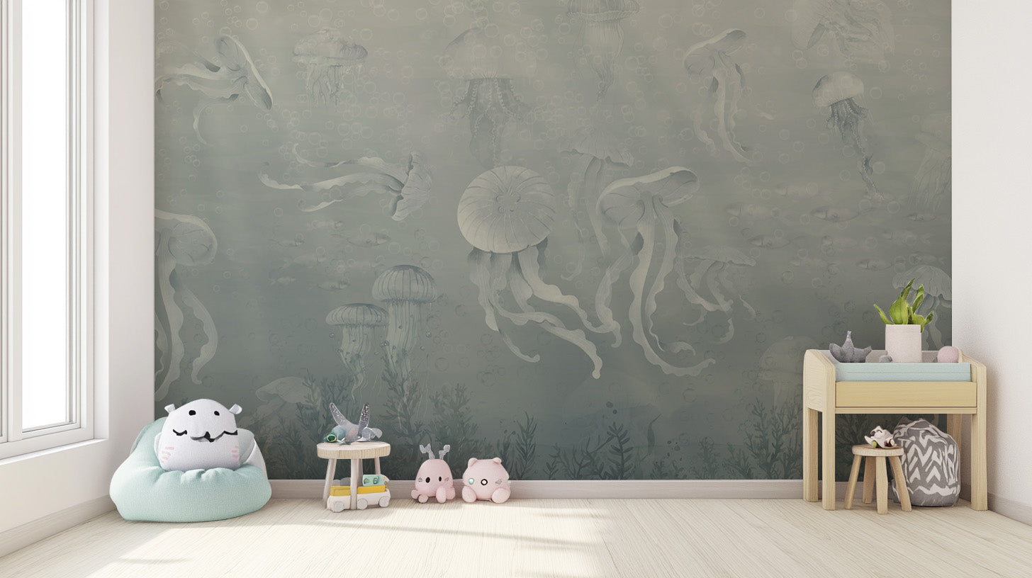 Dark Jellyfish Deep Sea wall mural in a playroom with a mint bean bag and pink animal toys