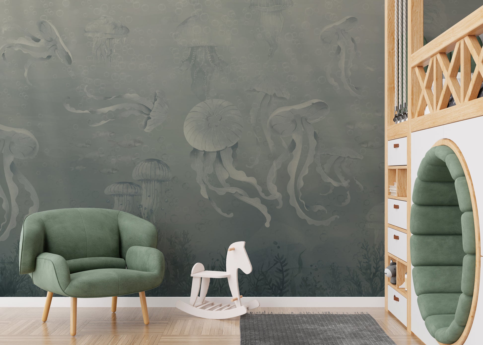 Dark Jellyfish Deep Sea wall mural beside a green velvet armchair and white rocking horse in a kids room