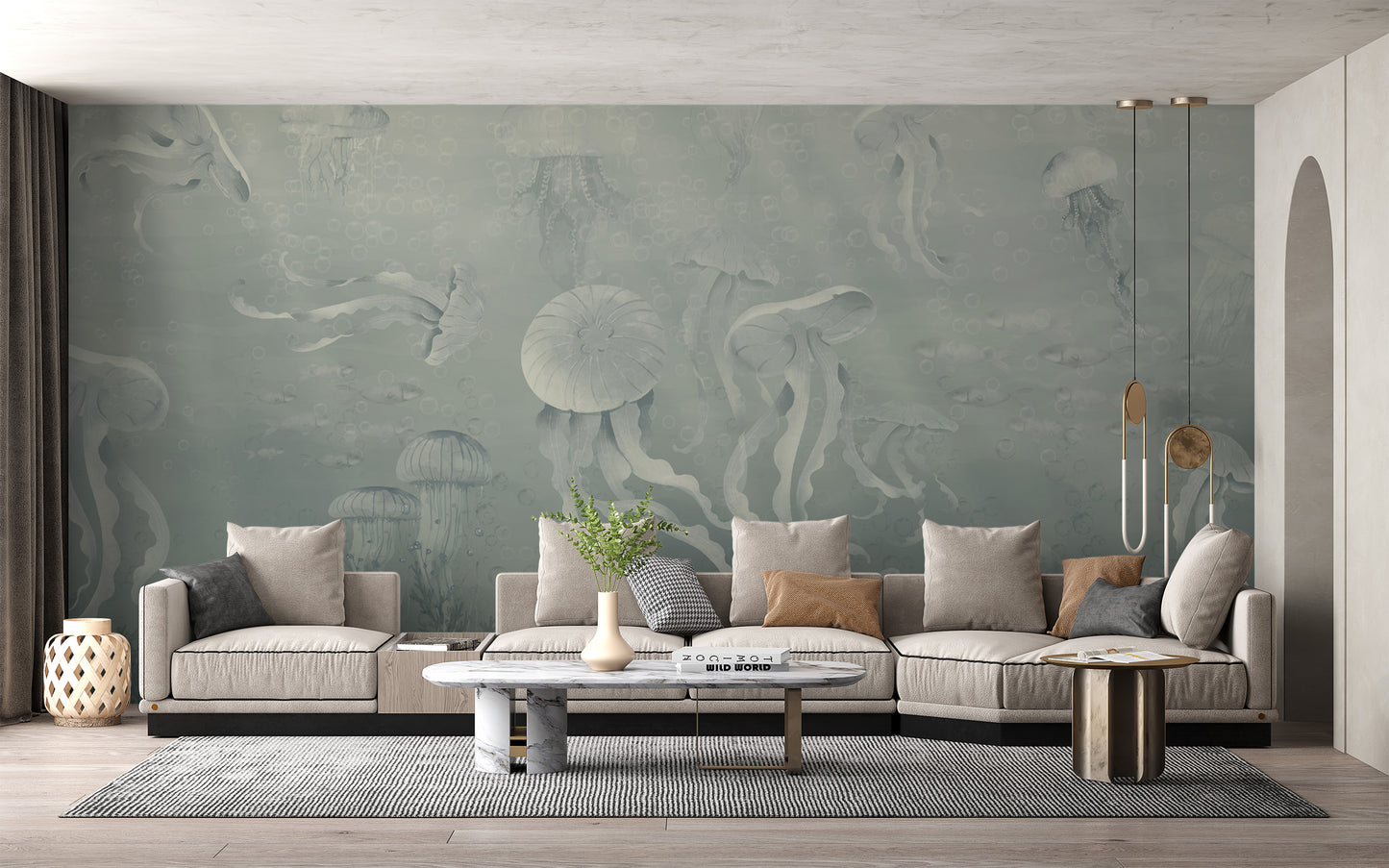 Dark Jellyfish Deep Sea wall mural behind a long beige sectional sofa and marble coffee table