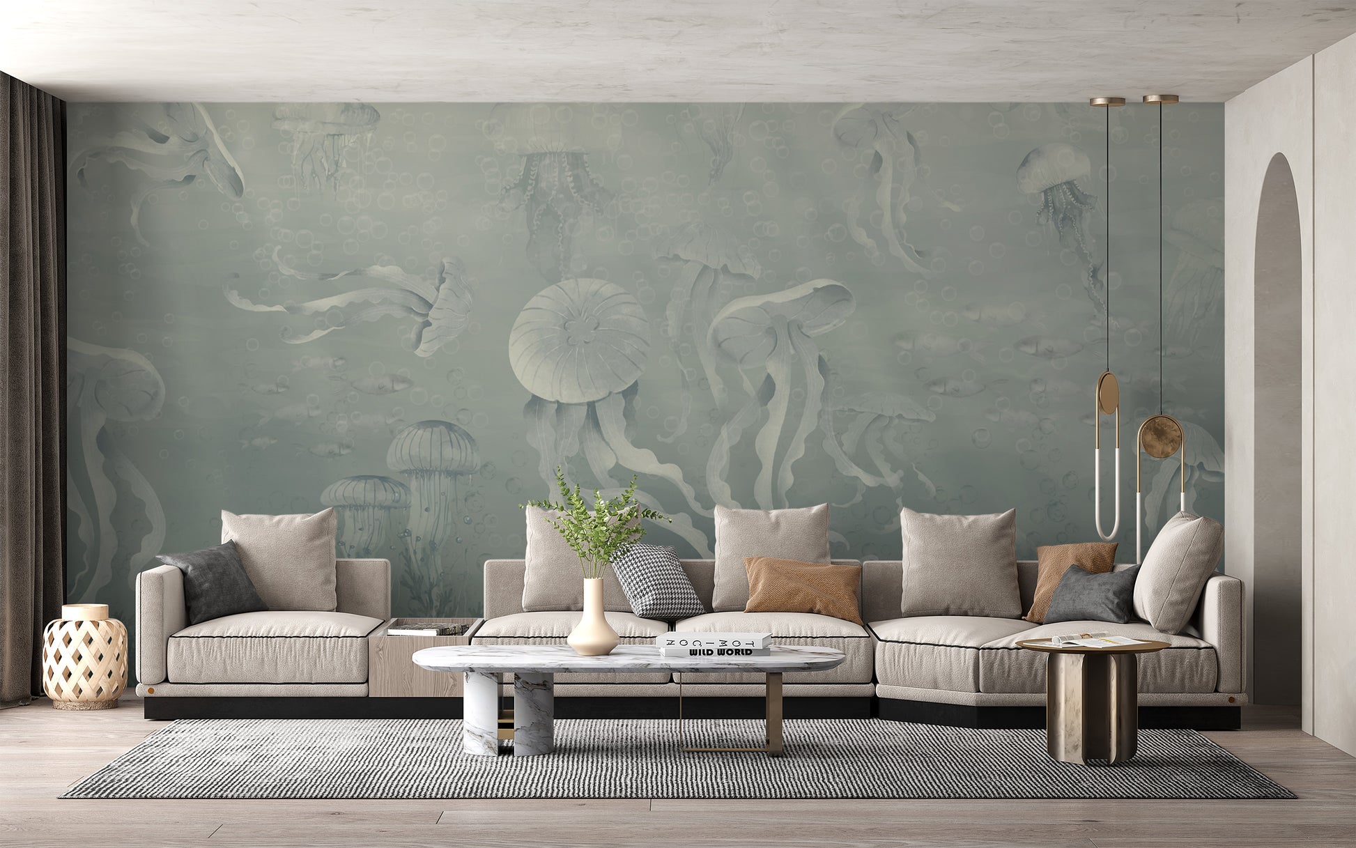Dark Jellyfish Deep Sea wall mural behind a long beige sectional sofa and marble coffee table