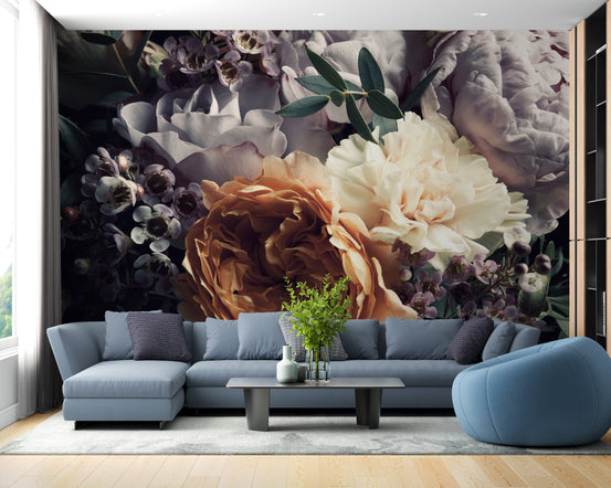 Dark Large Sized floral wallpaper mural shown as a full feature wall that highlights the design
