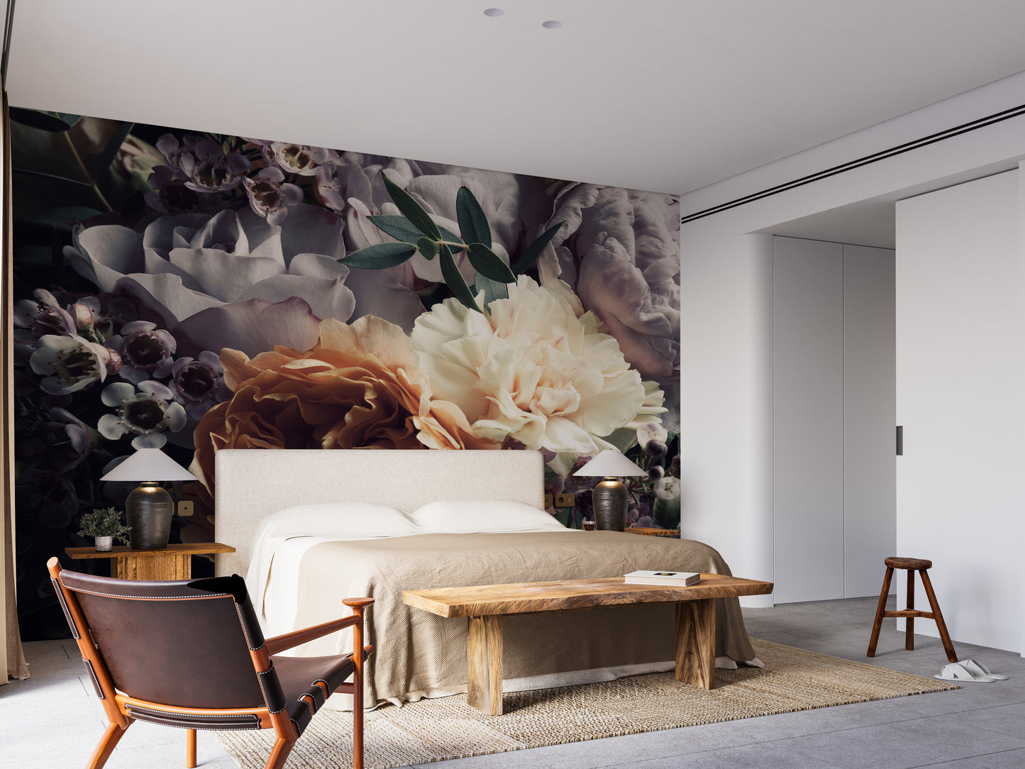 Moody floral mural with oversized blooms design
