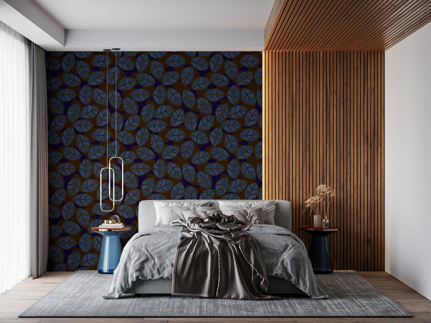 Artistic dark wallpaper with abstract leaf motifs for modern and cozy spaces.