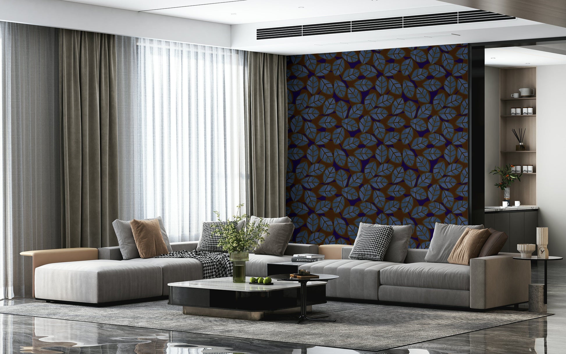 Moody leaf-patterned wallpaper in dark tones for bedrooms, living rooms, or offices.